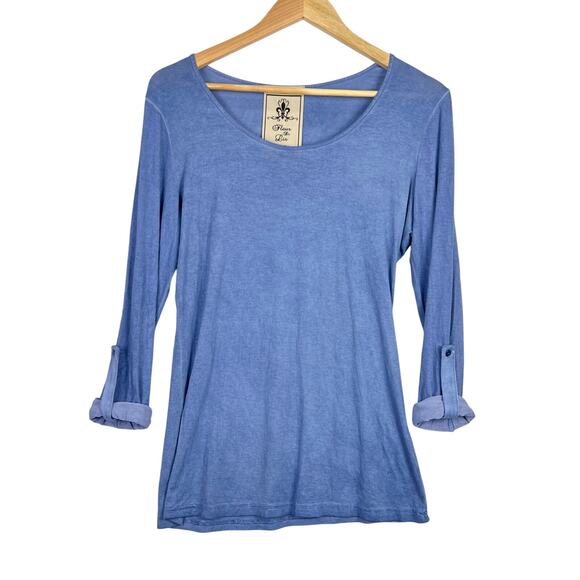 Fleur De Lis Women's Scoop Neck Long Roll Sleeve Distressed Blue Medium - Picture 1 of 9